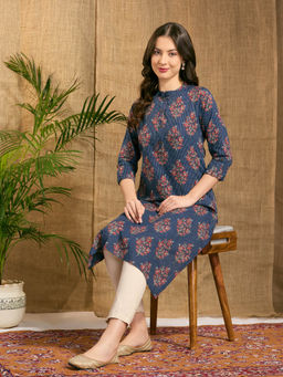 FASHOR - Women Navy Blue Floral Straight Fit Kurta