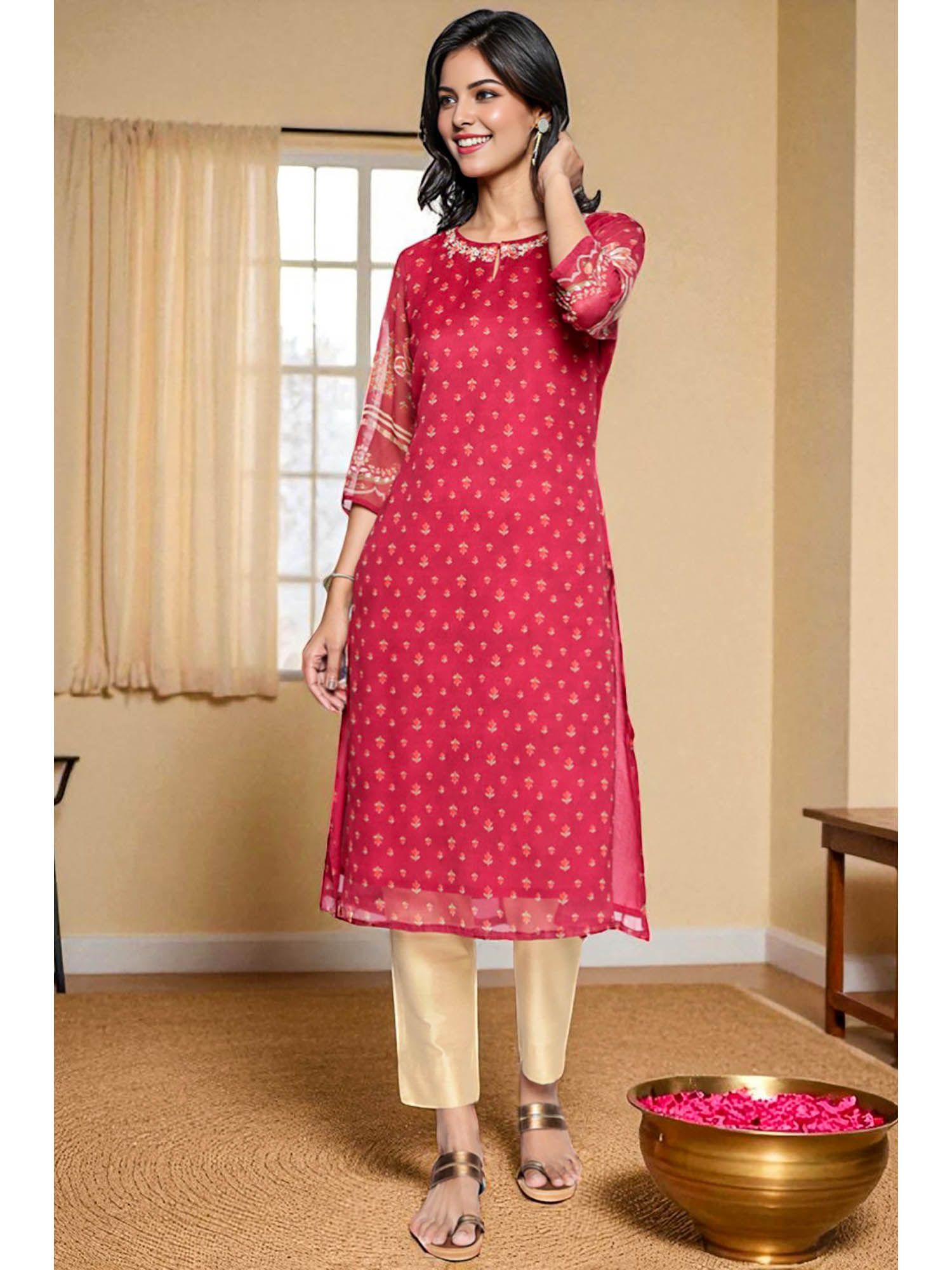 Red Floral Relaxed Fit Kurta-image-4