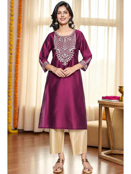 W - Embroidered Wine Regular Fit Kurta