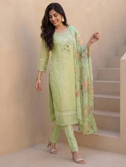 Libas - Women Green Embroidered Organza Kurta and Pant with Dupatta