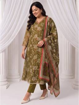 Extra love by Libas - Women Olive Printed Chiffon Kurta and Pant with Dupatta