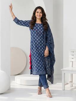 Libas - Women Blue Printed Cotton Kurta and Pant with Dupatta