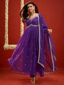 Stylum - Women Purple Embroidered Georgette Kurta and Pant with Dupatta