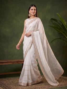 Koskii - Women Off White Embroidered Tissue Saree with Unstitched Blouse