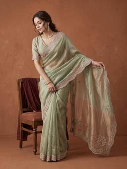 Koskii - Women Green Embroidered Tissue Saree with Unstitched Blouse