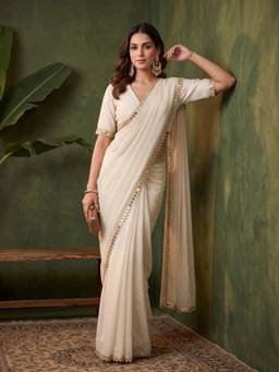 Koskii - Women Off White Embellished/Sequined Tissue Saree with Unstitched Blouse