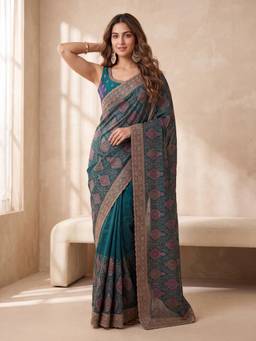 Koskii - Women Green Embroidered Georgette Saree with Unstitched Blouse