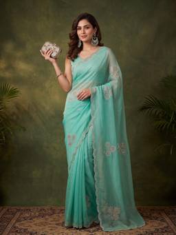 Koskii - Women Green Embroidered Tissue Saree with Unstitched Blouse