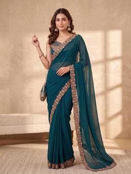 Koskii - Women Green Floral Georgette Saree with Unstitched Blouse