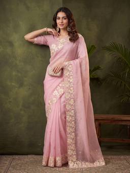 Koskii - Women Pink Floral Organza Saree with Unstitched Blouse