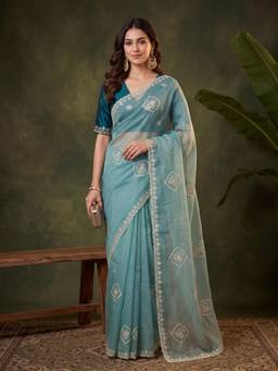 Koskii - Women Green Embroidered Tissue Saree with Unstitched Blouse