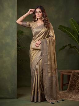 Koskii - Women Green Embellished/Sequined Tissue Saree with Unstitched Blouse