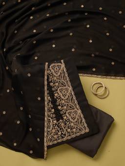 Koskii - Women Black Embroidered Crepe Top and Bottom with Dupatta