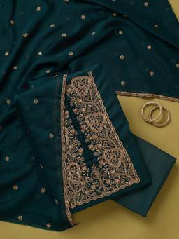 Koskii - Women Blue Embroidered Crepe Top and Bottom with Dupatta