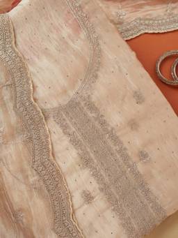 Koskii - Women Beige Embroidered Tissue Top and Bottom with Dupatta
