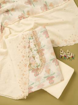 Koskii - Women Off White Embroidered Cotton Top and Bottom with Dupatta