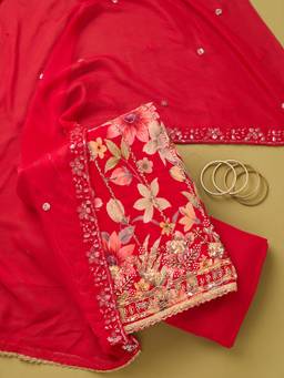 Koskii - Women Red Embellished/Sequined Crepe Top and Bottom with Dupatta