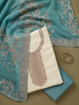 Koskii - Women Off White Embroidered Tissue Top and Bottom with Dupatta
