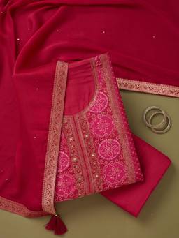 Koskii - Women Magenta Embroidered Silk Blend Top and Bottom with Dupatta