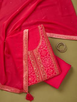 Koskii - Women Pink Embroidered Silk Blend Top and Bottom with Dupatta