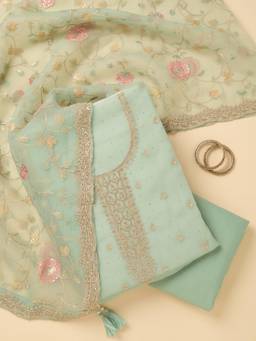 Koskii - Women Green Embroidered Tissue Top and Bottom with Dupatta