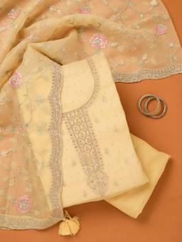 Koskii - Women Yellow Embroidered Tissue Top and Bottom with Dupatta