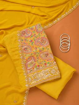 Koskii - Women Mustard Embroidered Crepe Top and Bottom with Dupatta