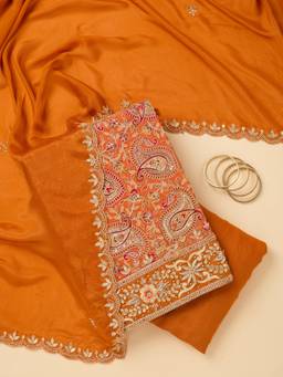 Koskii - Women Orange Embroidered Crepe Top and Bottom with Dupatta