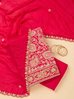 Koskii - Women Pink Embroidered Crepe Top and Bottom with Dupatta