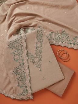 Koskii - Women Beige Embroidered Crepe Top and Bottom with Dupatta