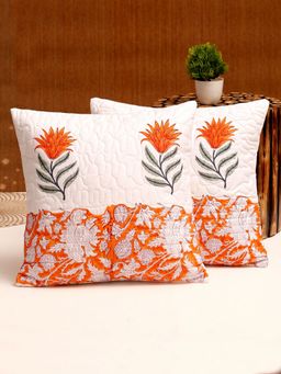 Rajasthan Decor - Hand Block Quilted Pure Cotton Floral Cushion Cover Set Of 2