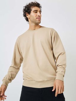 Styli - Men's Beige Solid Cotton Relaxed Fit Cotton Terry Sweatshirt