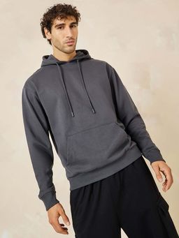 Styli - Men Charcoal Relaxed Fit Fleece Hoodie with Kangaroo Pocket