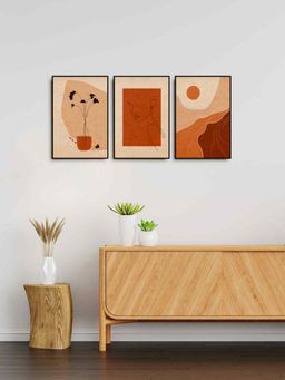 999Store - Botanical Wall Art Painting With Woman Face, Flower And Sun (Pack of 3)