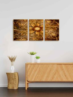 999Store - Golden Flower Modern Art Painting For Living (Pack of 3)