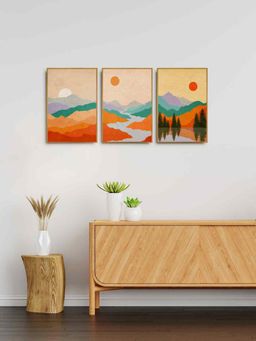 999Store - Mountain And Sunset With River Wall Painting For Bedroom (Pack of 3)