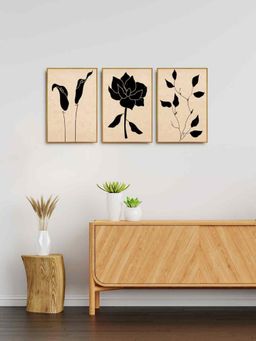 999Store - Leaves With Black Flower Wall Art Painting For Hall Living Room Bedroom (Pack of 3)