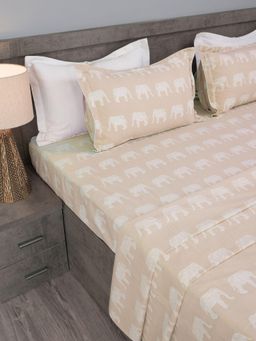 House of Owlet - Beige Mandala Elephant Print Cotton Super King Size Bedsheet With 2 Pillow Covers