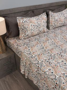 House of Owlet - Grey Bohemian Paisley Design Cotton Super King Size Bedsheet With 2 Pillow Covers