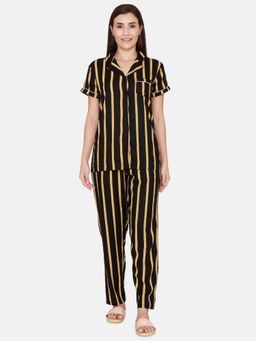 Zivame - Coucou Woven Printed Pyjama Set - Jet Black Mustard Strp