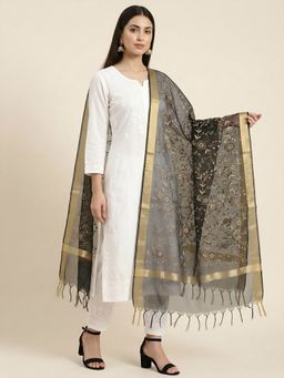 MUFFLY - Women Black Organza Zari Border Meena Jaal Tassel Detailing Dupatta
