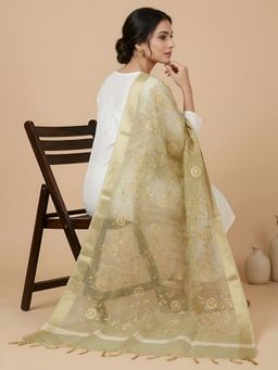 MUFFLY - Women Gold Organza Zari Border Meena Jaal Tassel Detailing Dupatta