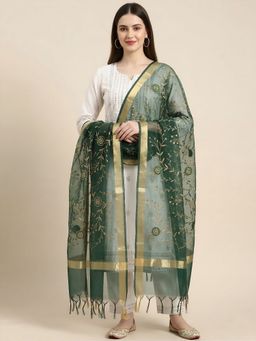 MUFFLY - Women Green Organza Zari Border Meena Jaal Tassel Detailing Dupatta