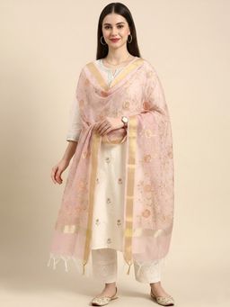 MUFFLY - Women Lavender Organza Zari Border Meena Jaal Tassel Detailing Dupatta