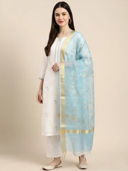 MUFFLY - Women Aqua Organza Zari Border Meena Jaal Tassel Detailing Dupatta