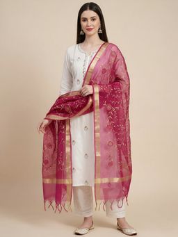 MUFFLY - Women Pink Organza Zari Border Meena Jaal Tassel Detailing Dupatta