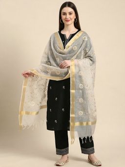 MUFFLY - Women White Organza Zari Border Meena Jaal Tassel Detailing Dupatta