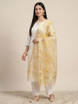 MUFFLY - Women Yellow Organza Zari Border Meena Jaal Tassel Detailing Dupatta