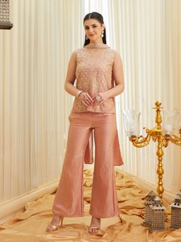 MOKOSH - Women Rose Pink Silk Embroidered Handwork Kurti with Pant and Dupatta