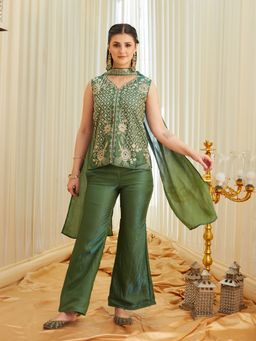 MOKOSH - Women Olive Morpich Silk Embroidered Handwork Kurti with Pant and Dupatta